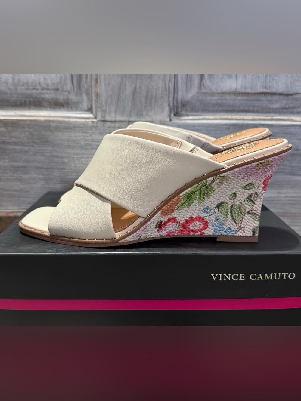 Vince Camuto Cream Crossband Wedge Sandals with Floral Printed Wedge